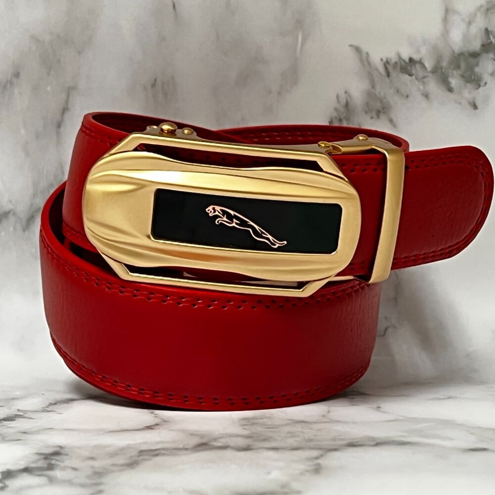 Red Belt Men’s Women's Genuine Leather Ratchet Dress Belt With Automatic Buckle